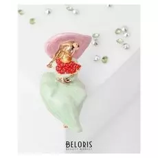 Брошь "Девушка" с веером, цветная в золоте