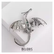 Брошь "Дракон" летящий, цвет зелёный в серебре