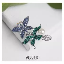 Брошь "Дуэт" бабочка и стрекоза, цветная в серебре