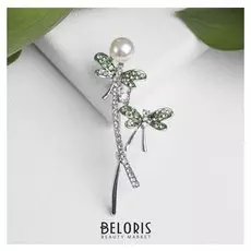 Брошь "Дуэт" стрекоз, цвет бело-зелёный в серебре