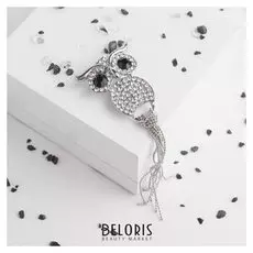 Брошь "Филин" с цепочками, цвет черно-белый в серебре