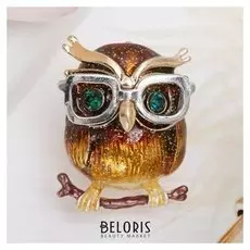 Брошь "Филин в очках", цветная в золоте