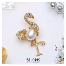 Брошь "Фламинго" жемчужное крыло, цвет белый в золоте