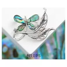 Брошь "Галиотис" бабочка в листве, цвет зелёный в чернёном серебре