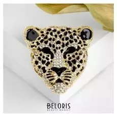 Брошь "Гепард" анфас, цвет чёрно-белый в золоте