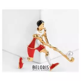 Брошь "Хоккеист" бенди, цветная в золоте