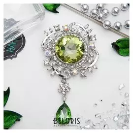 Брошь "Императрица" круг, цвет бело-зеленый в серебре