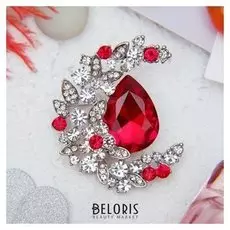 Брошь "Императрица" полумесяц, цвет бело-красный в серебре