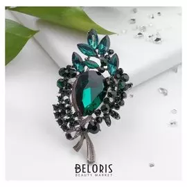 Брошь "Императрица" ветвь, цвет изумрудный в сером металле
