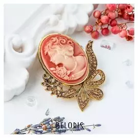 Брошь "Камея" лавра, цвет розовый в черненом золоте