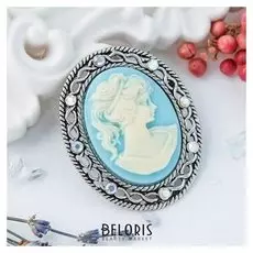 Брошь "Камея" профиль, цвет бело-голубой в черненом серебре