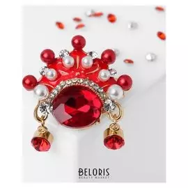 Брошь "Кокошник", цвет красно-белый в золоте