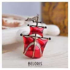 Брошь "Корабль" паруса, цвет красный в золоте