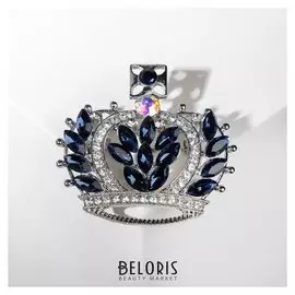 Брошь "Корона", цвет бело-синий в серебре