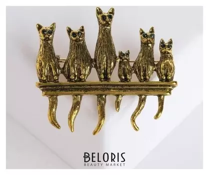 Брошь "Кошачье семейство", цвет зелёный в золоте