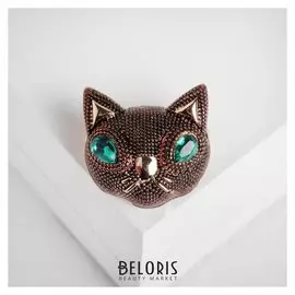 Брошь "Кошачья мордочка", цвет зелёный в чернёном золоте