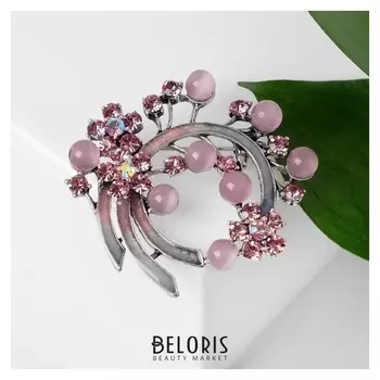 Брошь "Кошачий глаз" цветы и бусины, цвет розовый в сером металле