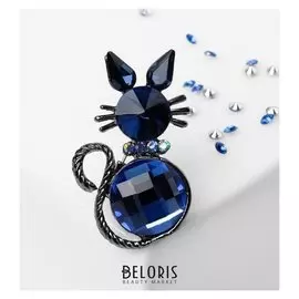 Брошь "Кошечка" острые ушки, цвет синий в сером металле