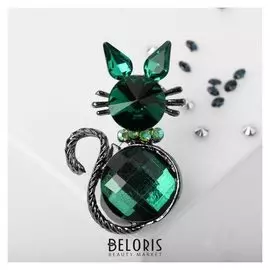 Брошь "Кошечка" острые ушки, цвет зелёный в сером металле