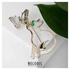 Брошь "Кошечка" с бабочкой, цвет бело-серый в золоте