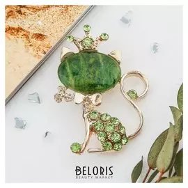 Брошь "Кошечка" в короне, цвет зелёный в золоте