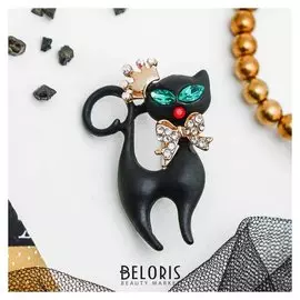 Брошь "Кошка грация", в короне, цвет матовый черный в золоте