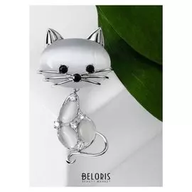 Брошь "Кошка" кошачий глаз, цвет серый в серебре