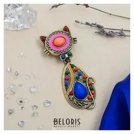 Брошь "Кошка радужная", разноцветная в черненом золоте