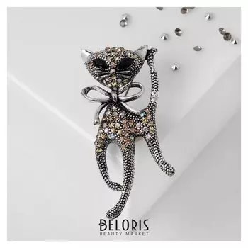 Брошь "Кошка" с бантом, цвет радужный в чернёном серебре