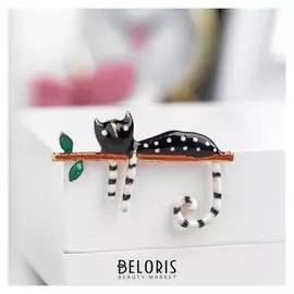 Брошь "Кошка" тропическая на ветке, цветная в золоте