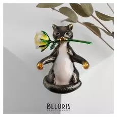 Брошь "Кот" с розой, цветная в золоте