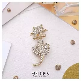 Брошь "Котик" отвернувшийся, цвет белый в золоте