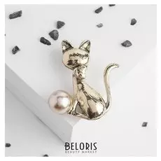 Брошь "Котик" с бантиком, цвет коричневый в черненом золоте