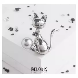 Брошь "Котик" с бантиком, цвет серый в черненом серебре