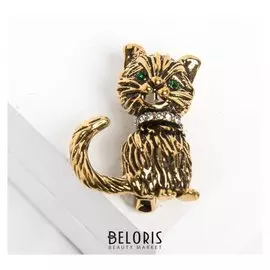 Брошь "Котёнок", цвет зелёный в чернёном золоте