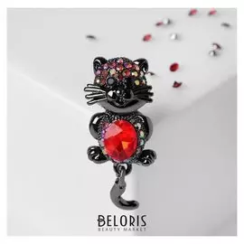 Брошь "Котёнок" подвижный хвостик, цвет красный в сером металле