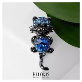 Брошь "Котёнок" подвижный хвостик, цвет синий в сером металле