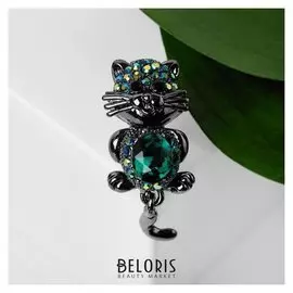 Брошь "Котёнок" подвижный хвостик, цвет зелёный в сером металле