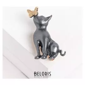 Брошь "Котёнок" с бабочкой на носу, цвет чёрно-золотой