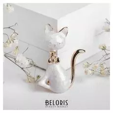 Брошь "Котёнок" с подвижным бантиком, цвет белый в золоте