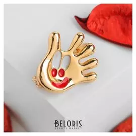 Брошь "Ладонь", цвет красно-белый в золоте