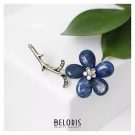 Брошь "Лазурит" цветок, цвет синий в чернёном золоте