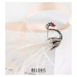 Брошь "Лебедь" с перьями, цвет белый в чернёном серебре