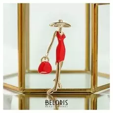 Брошь "Леди" с сумочкой, цвет красный в золоте