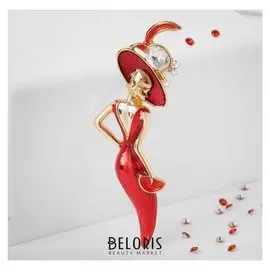 Брошь "Леди" в шляпке, цвет красный в золоте