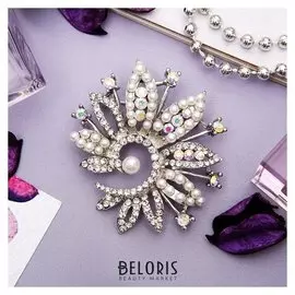 Брошь "Лепестки" жемчужные, цвет белый в серебре