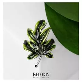 Брошь "Лист", цвет зелёный в чернёном серебре