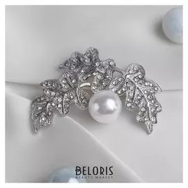 Брошь "Листья" дубовые, цвет белый в серебре