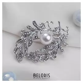 Брошь "Листья" папоротника, цвет белый в серебре