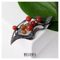 Брошь "Лист" сердолик, цвет серо-красный в сером металле